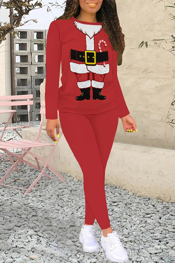 Red White Casual Street Santa Claus Print Letters O Neck Long Sleeve Two Pieces