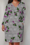 Purple Casual Street Plaid Pocket Contrast V Neck Printed Plus Size Dresses