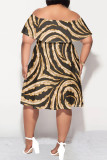 Coffee Sexy Striped Print Ruffle Contrast Off Shoulder Printed Plus Size Dresses