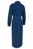 Deep Blue Casual Solid Color Buttons With Belt Turndown Collar Long Sleeve Regular Denim Dresses