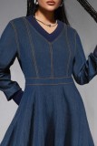 Deep Blue Casual Daily Solid Color Patchwork V Neck Long Sleeve High Waist Regular Denim Dresses