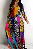 Orange Red Casual Print Patchwork O Neck Long Dresses