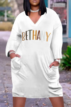 White Casual Street Letter Print Pocket Contrast V Neck Printed Plus Size Dresses