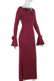 Burgundy Elegant Solid Color Patchwork Flower Shape U Neck Long Dresses