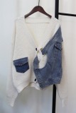 Cream White Casual Patchwork Buttons V Neck Outerwear