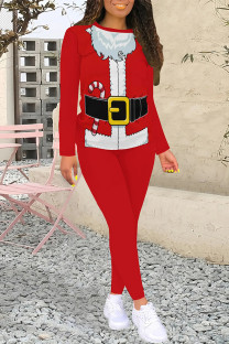 Red Casual Street Santa Claus Print Letters O Neck Long Sleeve Two Pieces