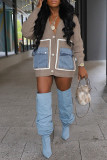 Coffee Casual Patchwork Pocket Buttons V Neck Outerwear