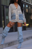 Coffee Casual Patchwork Pocket Buttons V Neck Outerwear