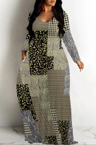 Black khaki Casual Vacation Colorblock Plaid Ombre Print Pocket Contrast V Neck Printed Dresses