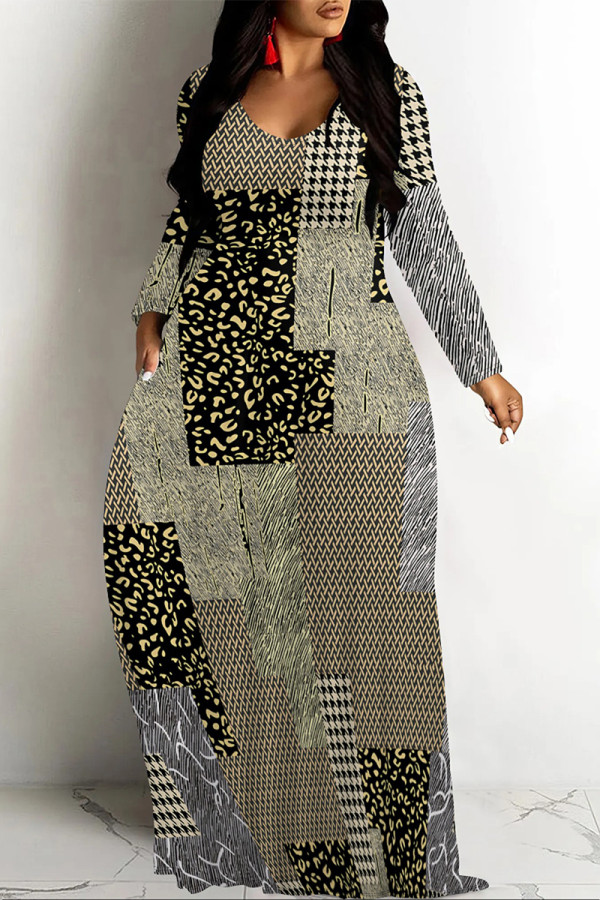 Black khaki Casual Vacation Colorblock Plaid Ombre Print Pocket Contrast V Neck Printed Dresses