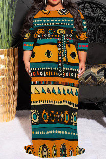 Yellow And Blue Casual Print Patchwork O Neck Long Plus Size Dresses