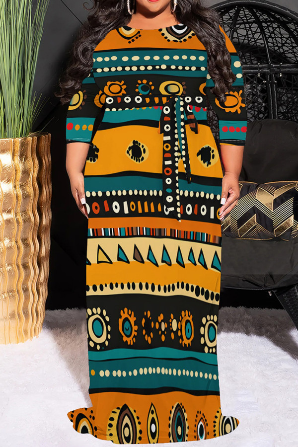 Yellow And Blue Casual Print Patchwork O Neck Long Plus Size Dresses