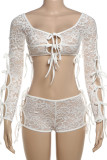 White Sexy Solid Color Patchwork Strap Design O Neck Long Sleeve Two Pieces