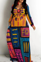 Orange Blue Casual Print Patchwork O Neck Long Dresses