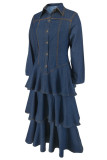 Deep Blue Casual Daily Solid Color Buttons Patchwork Turndown Collar Long Sleeve Regular Denim Dresses