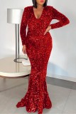 Red Sexy Formal Solid Color Sequins Patchwork V Neck Long Dresses