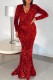 Red Sexy Formal Solid Color Sequins Patchwork V Neck Long Dresses