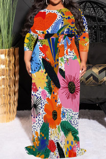 Pink Casual Print Patchwork Strap Design O Neck Long Plus Size Dresses