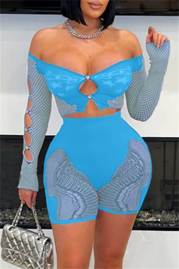 Blue Sexy Hot Solid Color Hollow Out Backless Off Shoulder Long Sleeve Two Pieces