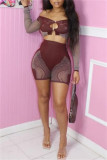 Blue Sexy Hot Solid Color Hollow Out Backless Off Shoulder Long Sleeve Two Pieces