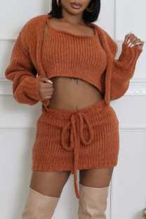 Coffee Casual Solid Color Draw String Patchwork Spaghetti Strap Three Pieces