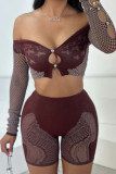 Blue Sexy Hot Solid Color Hollow Out Backless Off Shoulder Long Sleeve Two Pieces