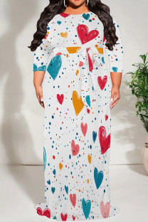 White Casual Print Patchwork Strap Design O Neck Long Plus Size Dresses