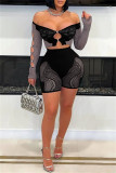 Blue Sexy Hot Solid Color Hollow Out Backless Off Shoulder Long Sleeve Two Pieces