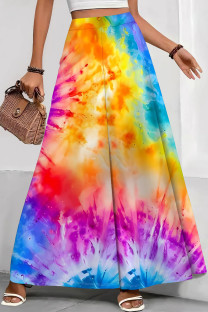 Yellow Purple Casual Tie Dye Patchwork Loose Mid Waist Speaker Full Print Bottoms