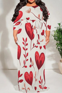 White Casual Print Patchwork Strap Design O Neck Long Plus Size Dresses