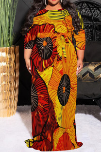 Red Yellow Casual Print Patchwork Strap Design O Neck Long Plus Size Dresses