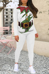 White Casual Party Santa Claus Print Contrast O Neck Long Sleeve Two Pieces
