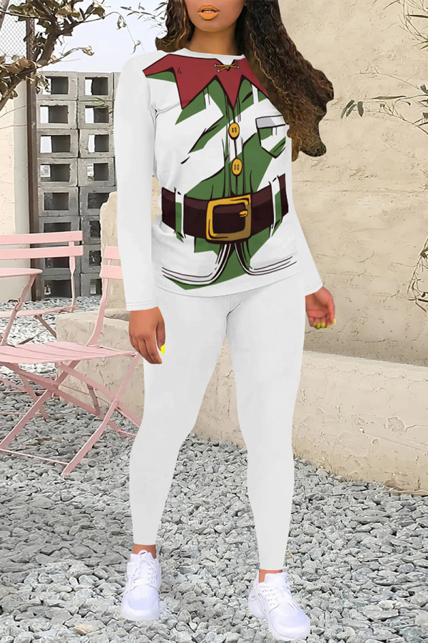 White Casual Party Santa Claus Print Contrast O Neck Long Sleeve Two Pieces