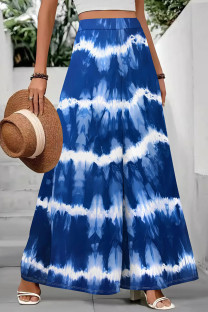 Dark Blue Casual Tie Dye Patchwork Loose Mid Waist Speaker Full Print Bottoms