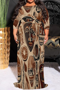 Coffee Casual Print Patchwork O Neck Long Plus Size Dresses