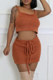 Coffee Casual Solid Color Draw String Patchwork Spaghetti Strap Three Pieces