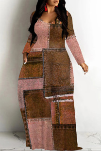 Brown Casual Street Faux Denim Print Pocket Contrast V Neck Printed Dresses