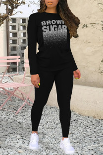 Black Casual Street Letter Print Contrast O Neck Long Sleeve Two Pieces