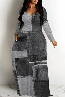 Grey Casual Street Faux Denim Print Pocket Contrast V Neck Printed Dresses
