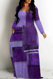 Grey Casual Street Faux Denim Print Pocket Contrast V Neck Printed Dresses