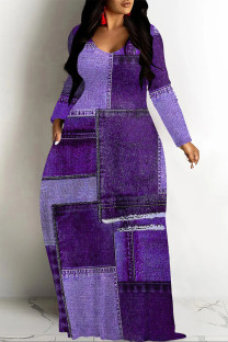 Purple Casual Street Faux Denim Print Pocket Contrast V Neck Printed Dresses