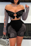 Blue Sexy Hot Solid Color Hollow Out Backless Off Shoulder Long Sleeve Two Pieces