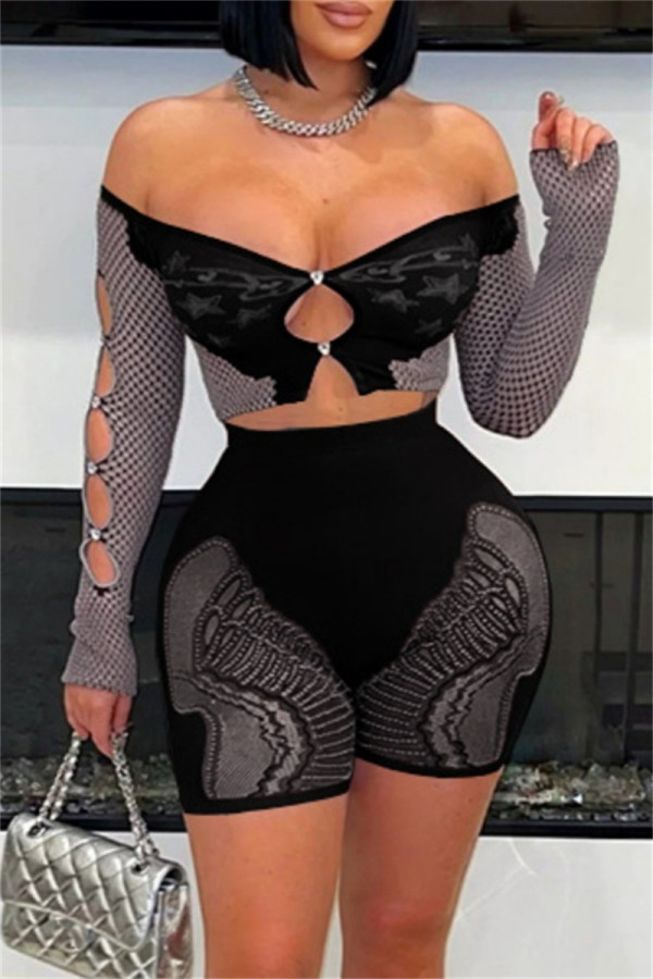 Black Sexy Hot Solid Color Hollow Out Backless Off Shoulder Long Sleeve Two Pieces