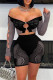 Black Sexy Hot Solid Color Hollow Out Backless Off Shoulder Long Sleeve Two Pieces