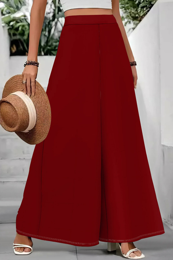 Burgundy Casual Solid Color Patchwork Loose Mid Waist Speaker Solid Color Bottoms