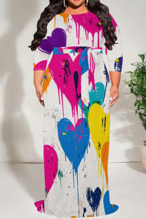 Colour Casual Print Patchwork Strap Design O Neck Long Plus Size Dresses