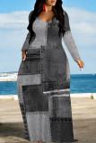Grey Casual Street Faux Denim Print Pocket Contrast V Neck Printed Dresses
