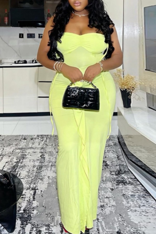 Fluorescent Yellow Sexy Solid Color Patchwork Backless Strapless Long Dresses