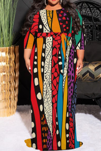 Multicolor Casual Print Patchwork Strap Design O Neck Long Plus Size Dresses
