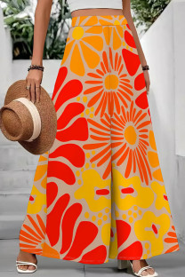 Orange Red Casual Tie Dye Patchwork Loose Mid Waist Speaker Full Print Bottoms